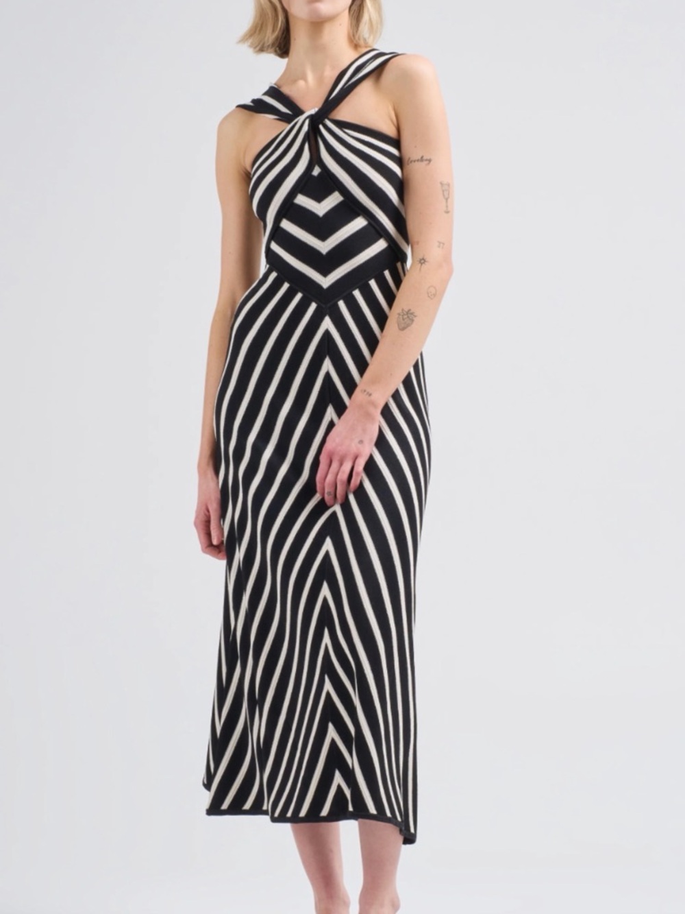 Zimmermann Black and Cream Striped Twist-Neck Midi Dress